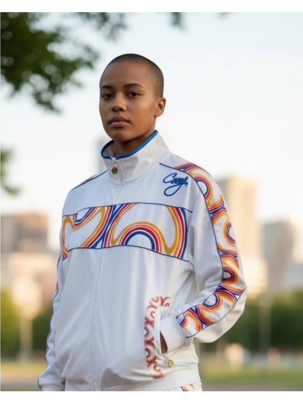 COOGI Track Jacket White with Retro Rainbow Arcs